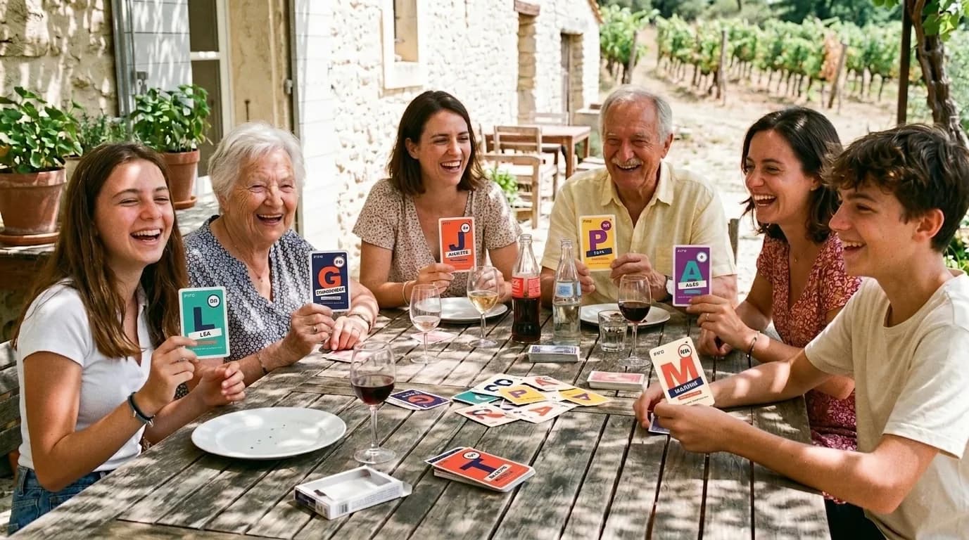 Une famille de plusieurs générations joue au PIFO personnalisé sur une terrasse de vignoble ensoleillée