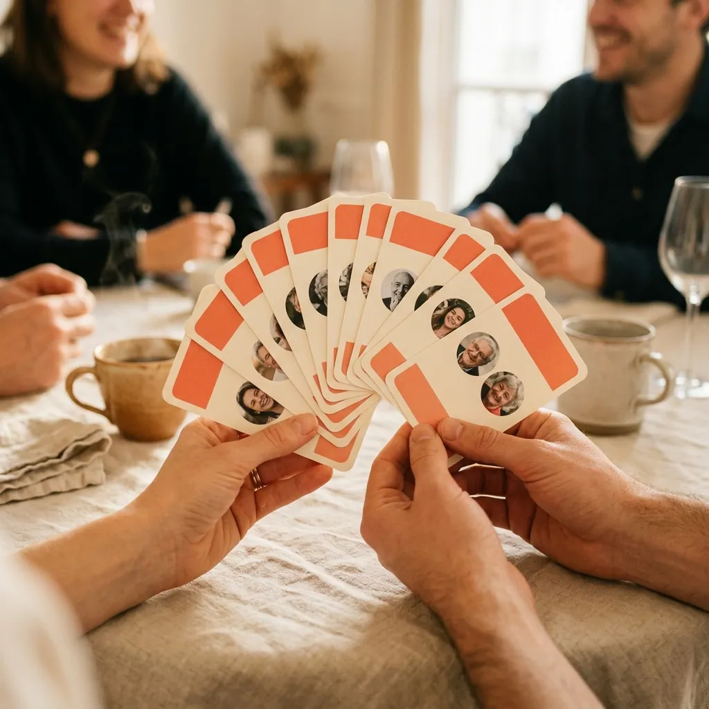 Un éventail de cartes PIFO crème à liseré corail, chacune avec la photo d’un proche