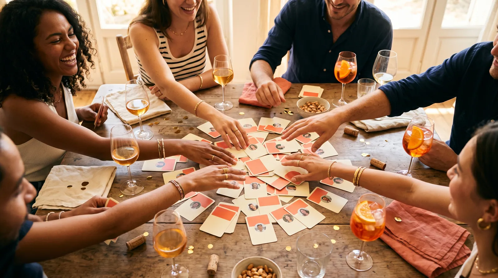 Vue de dessus d’une partie de PIFO entre amis, cartes étalées sur la table